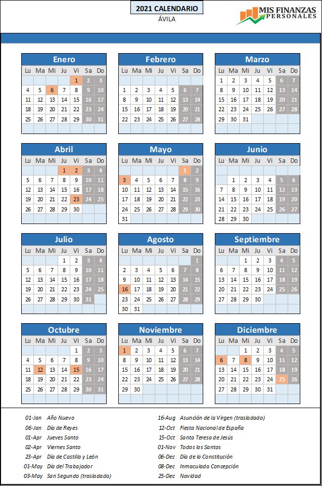 Calendario laboral Ávila 2021 Descárgalo gratis
