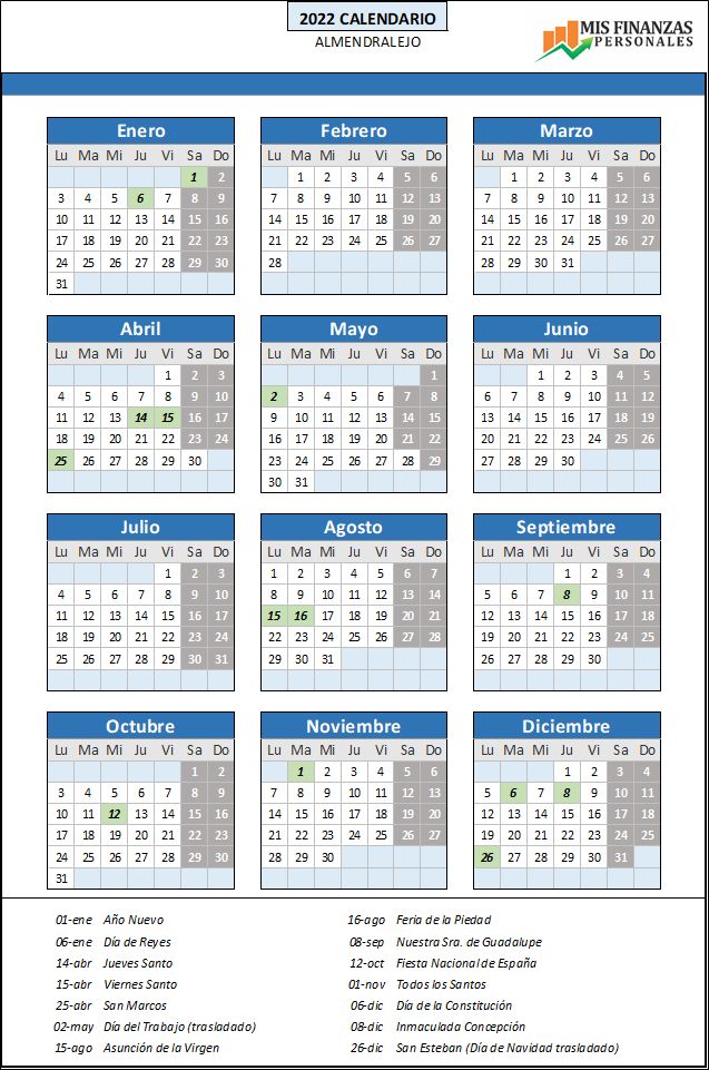 calendario laboral Almendralejo 2022
