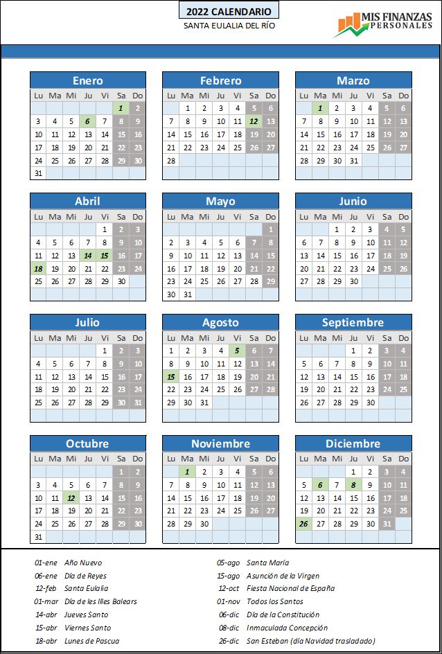 calendario laboral Santa Eulalia del Rio 2022